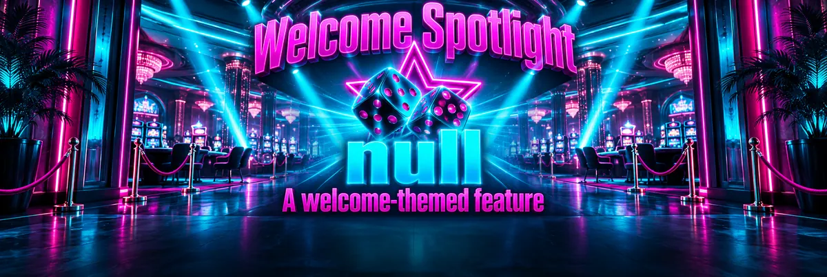 Cyan and magenta neon dice-and-star emblem spotlighted against a dark casino backdrop.