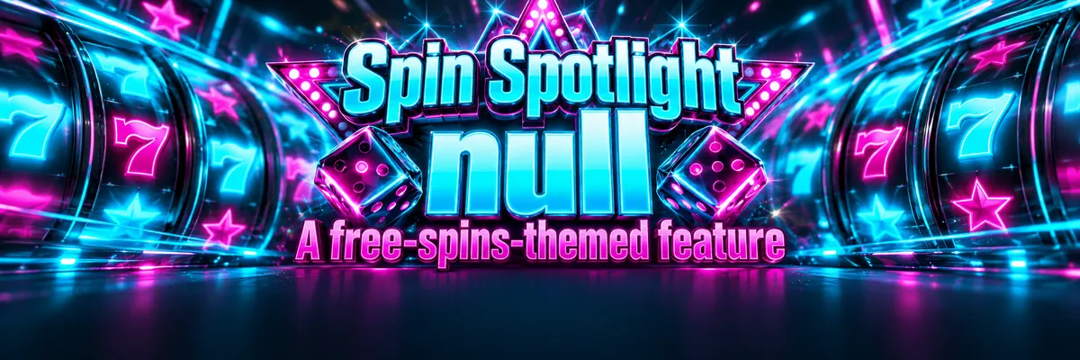 Neon dice-and-star emblem surrounded by bright, spinning slot-reel shapes.
